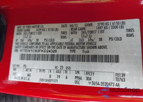 2015 Ford F-150 Xlt z USA, uszkodzony, nr VIN 1FTEW1C83FKD24326